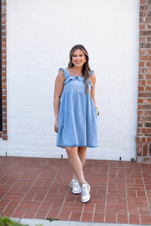 RUFFLED DENIM BABYDOLL DRESS