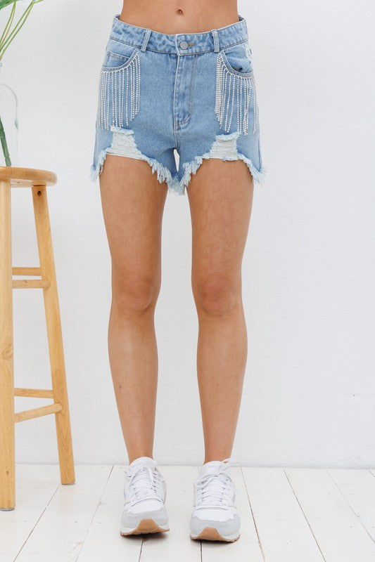 FRAYED RHINESTONE DENIM SHORTS