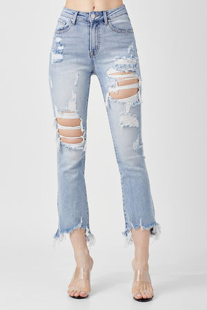 HIGH RISE DISTRESSED ANKLE FLARE JEANS