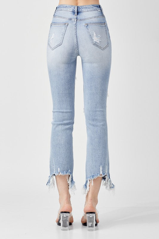 HIGH RISE DISTRESSED ANKLE FLARE JEANS