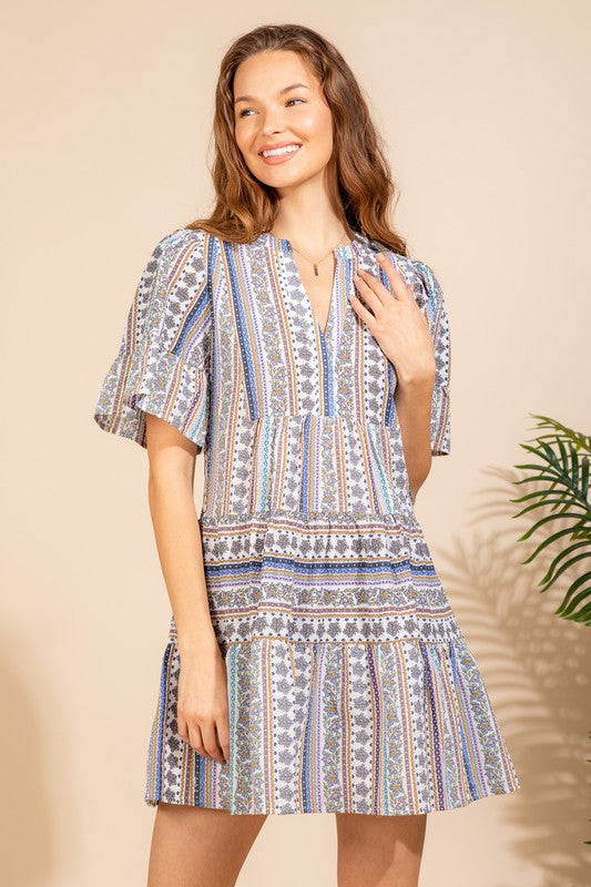PRINTED RUFFLE MINI DRESS
