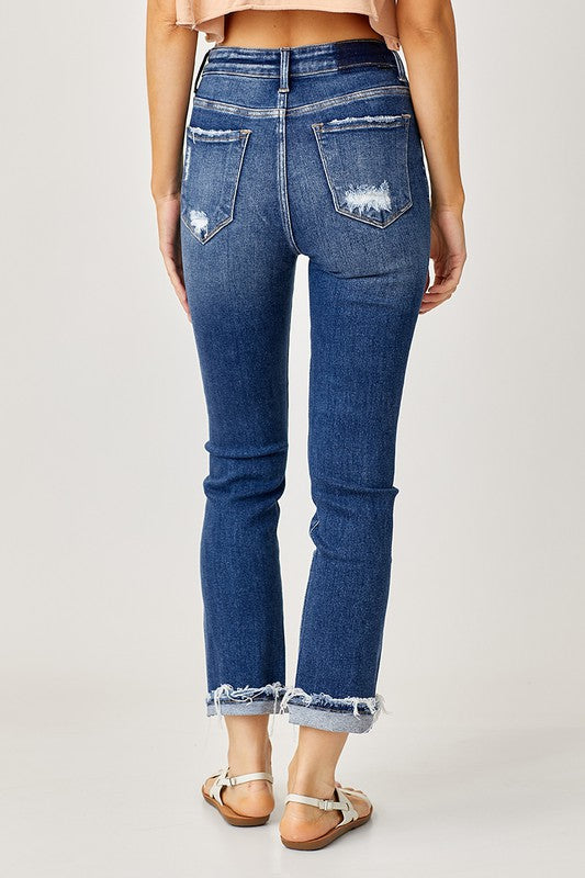 MID RISE CUFFED STRAIGHT JEANS