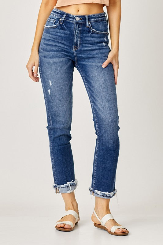 MID RISE CUFFED STRAIGHT JEANS