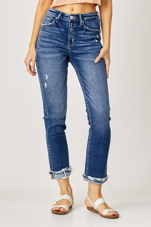 MID RISE CUFFED STRAIGHT JEANS