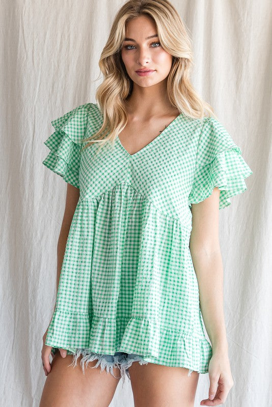 GINGHAM PRINT BABYDOLL TOP