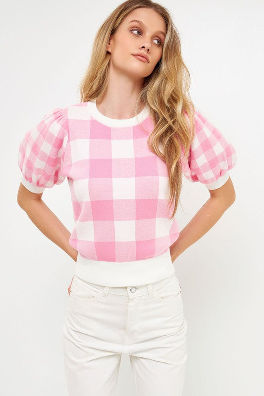 GINGHAM PUFF SLEEVE KNIT TOP