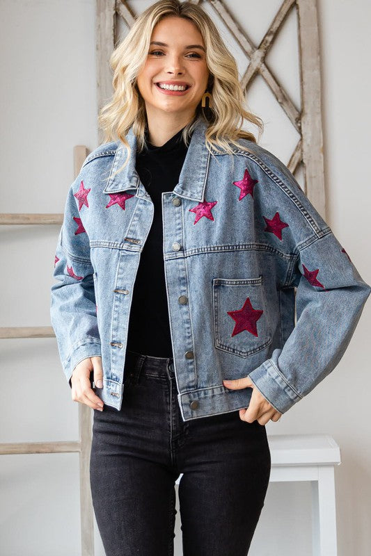 SEQUINS STAR PATCH DENIM JACKET